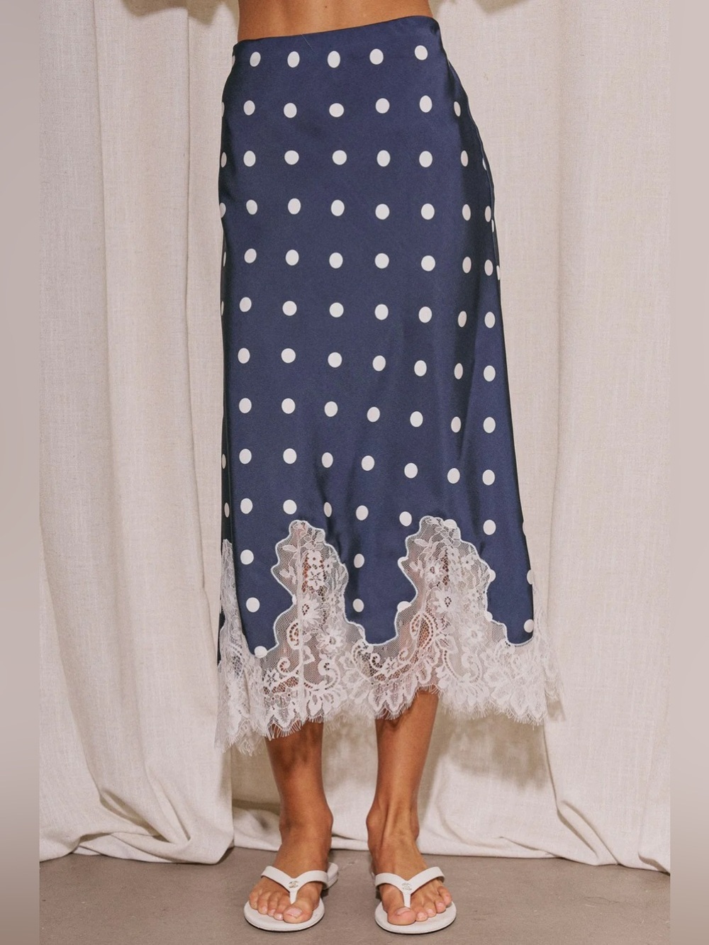 Navy white Polka Dot Satin Lace Edge Skirt